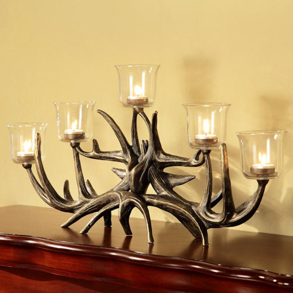 Antler Votive Candelabra Sculpture Hold five Candles Decor for Cabin